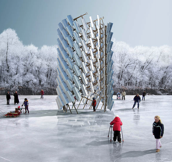 People ice skating on a frozen pond with a modern outdoor sculpture in the background and snow-covered trees.