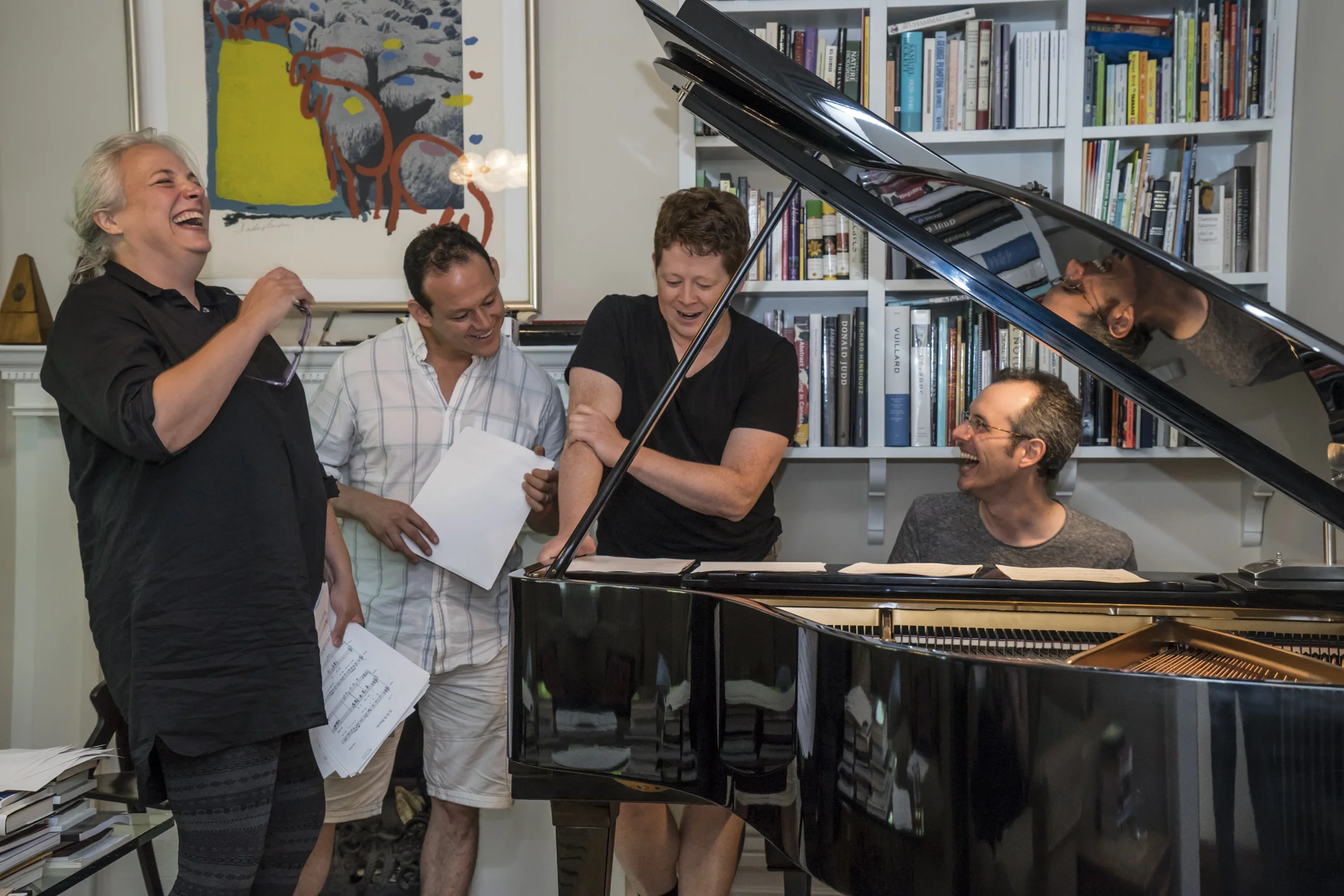 The cast of UBU MAYOR by Adam Seelig, Sep 12-21, 2014 at the Wychwood Theatre in Toronto. Left-right: Astrid Van Wieren (Huhu), Michael Dufays (Dudu), Richard Harte (Ubu), Adam Seelig (piano). Photo: Yuri Dojc.