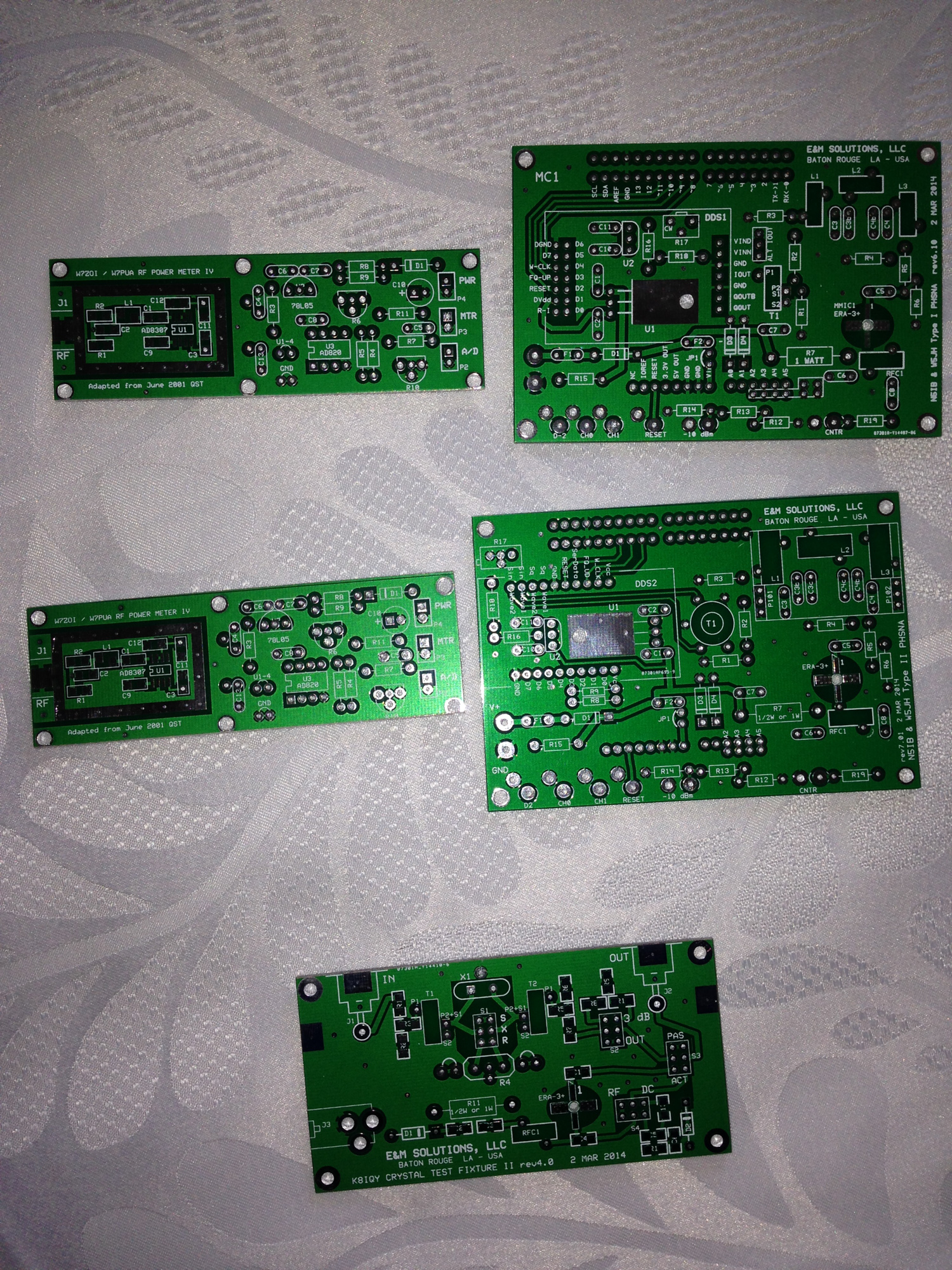 Power meter board, two network analyzer boards for an Arduino, and a crystal test fixture board that I purchased from Jim N5IB. 
