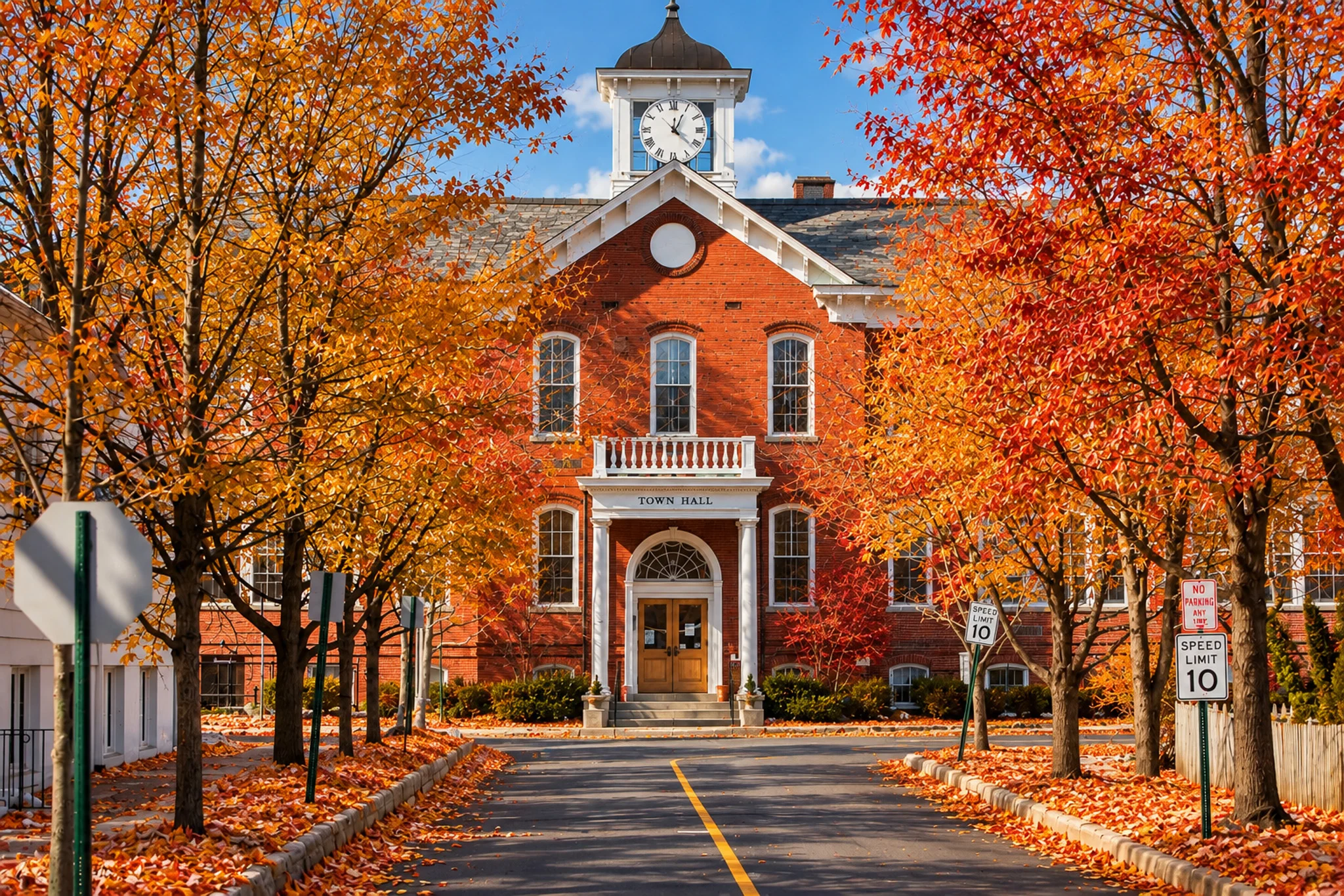 Front view of a red brick town hall building with a clock tower showing 11:01, surrounded by trees with orange autumn leaves, on a clear day.