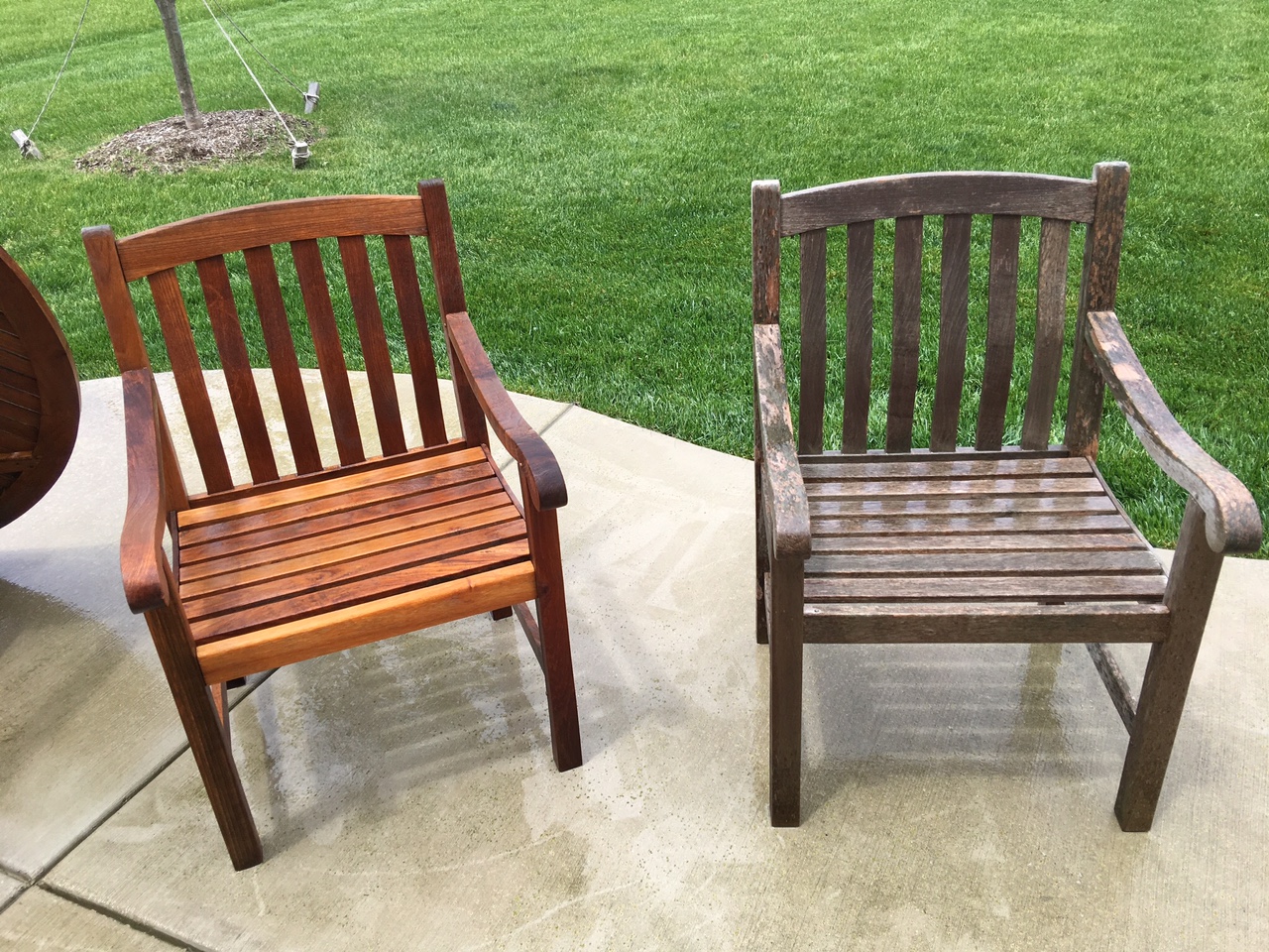 Clean chair verses dirty chair. You can see on the dirty one where there is leftover varnish in places....that is proving to be a problem.