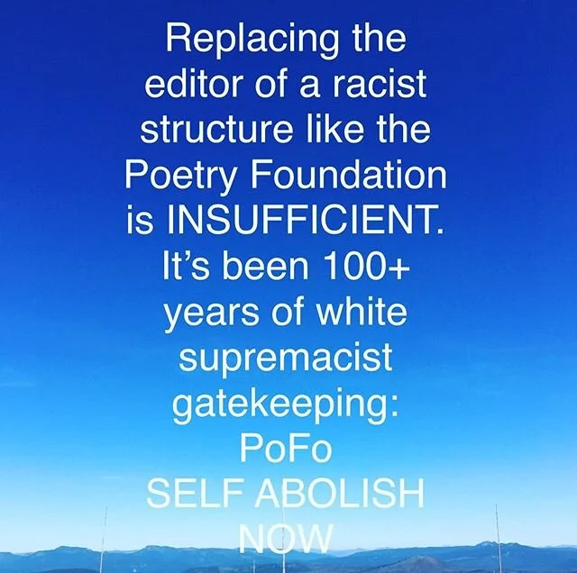 Lol they think replacing Don Share is enuf. The whole foundation is broke. And please no condolence tears for Share&rsquo;s &ldquo;diversification&rdquo; of the Poetry mag. Passing out crumbs to BIPoC does not give you a pass. Hiiiii @poetryfoundatio