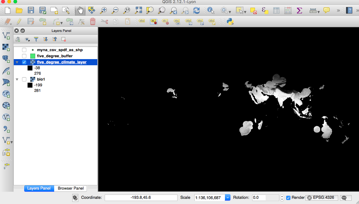 Cropped climate layer reflecting 5 degree buffers.