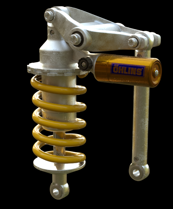 Current render of the Rear Suspension assembly for my current Motorcycle Design project. All textures are procedural, aside from the 'Ohlins' logo.