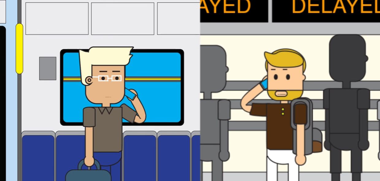 Scene from "In a Nutshell" video; showing two characters talking on the phone.