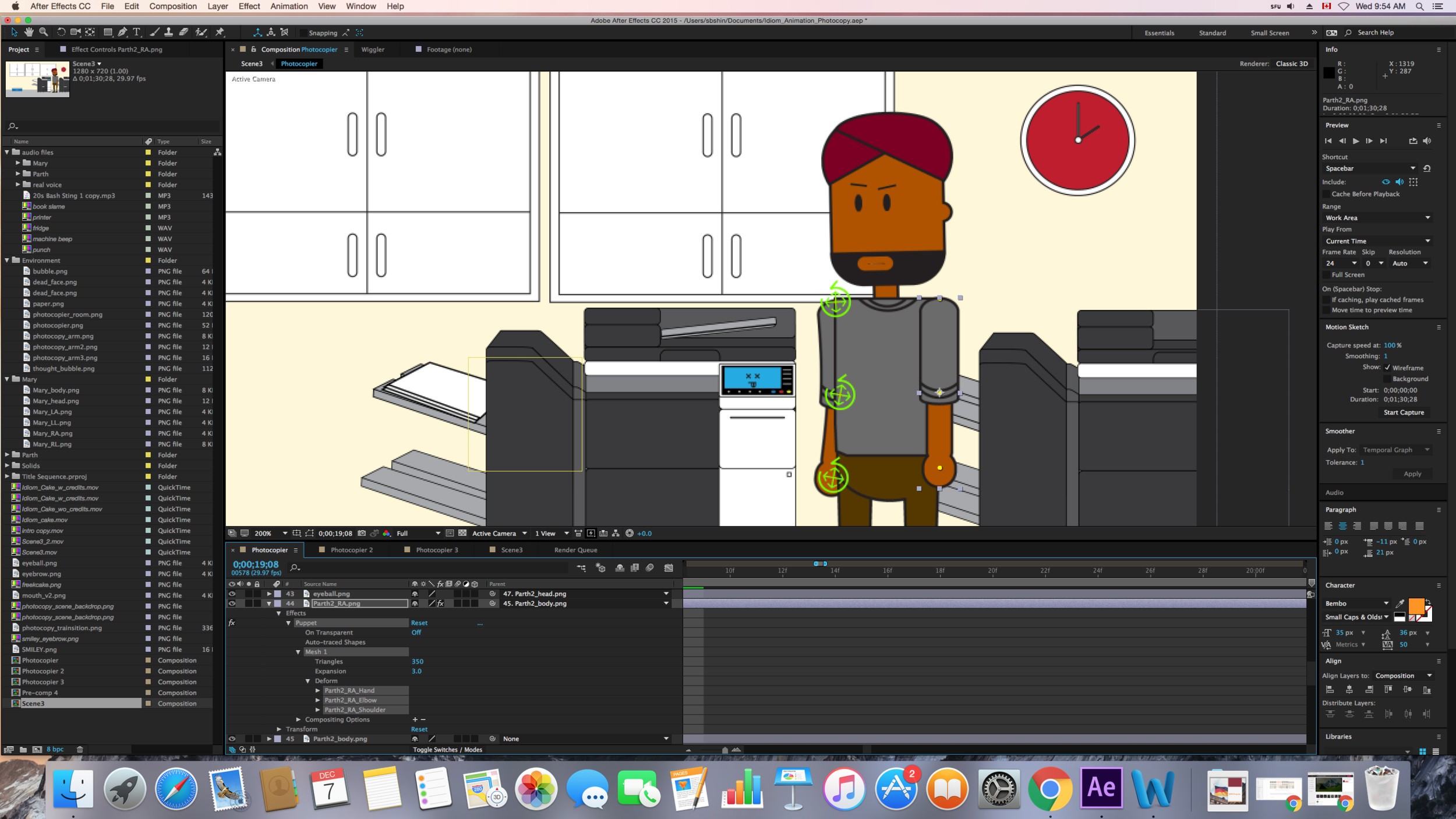 Preparing a character for animation: Adding pins (yellow dots) to where the joints would be (hand, elbow, shoulder)