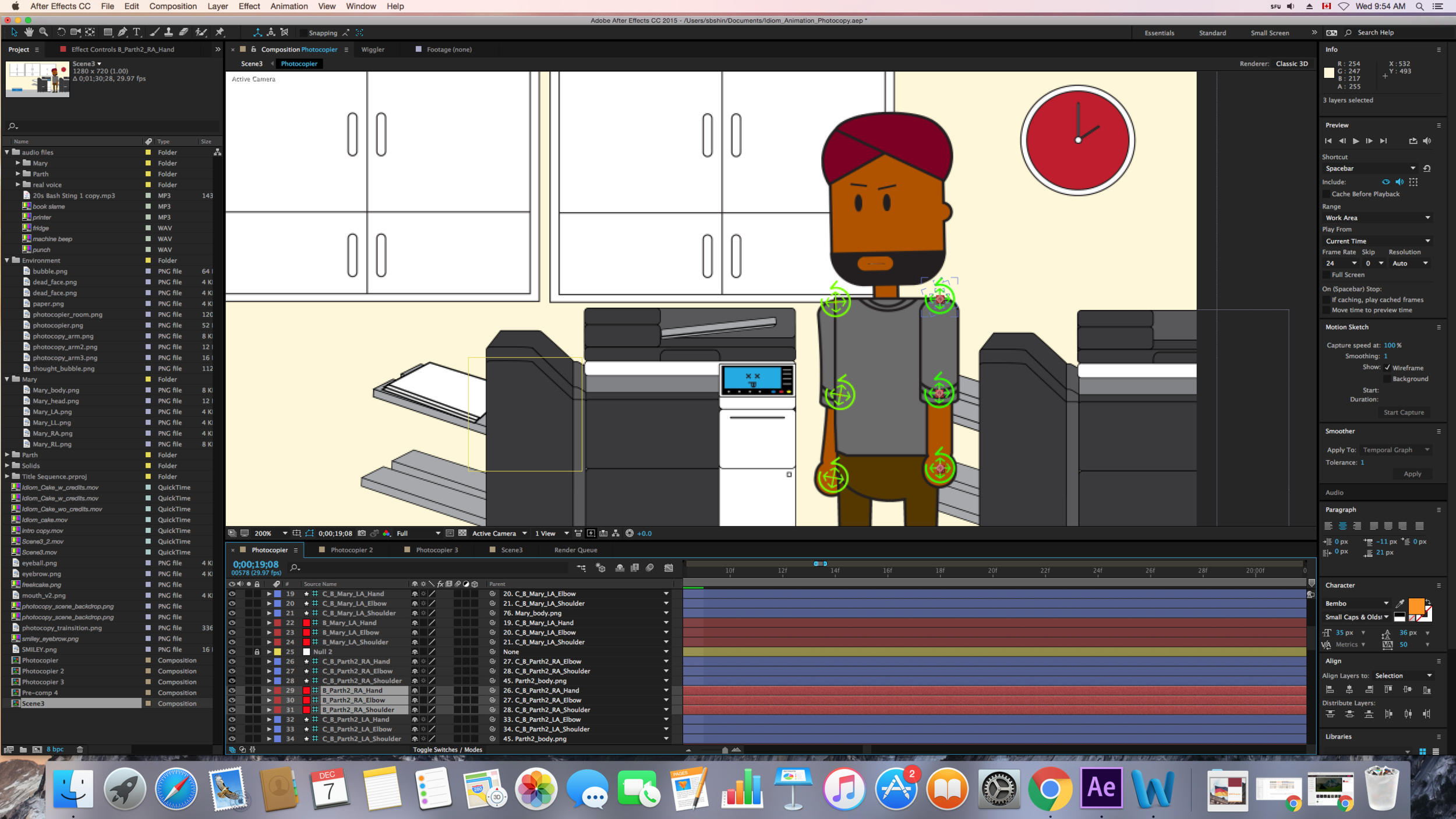 Preparing a character for animation: Creating handles to where the bones are (green symbol) to allow for easy manipulation.