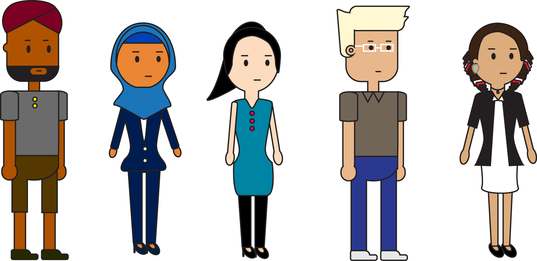Final character designs for "Common Workplace Phrases" with diversified cultural backgrounds.