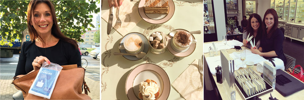 L-R, Ailsa with her EMERGENCY PONCHO, cake-fast at Laduree, Ailsa & I being pampered at Jo Malone.