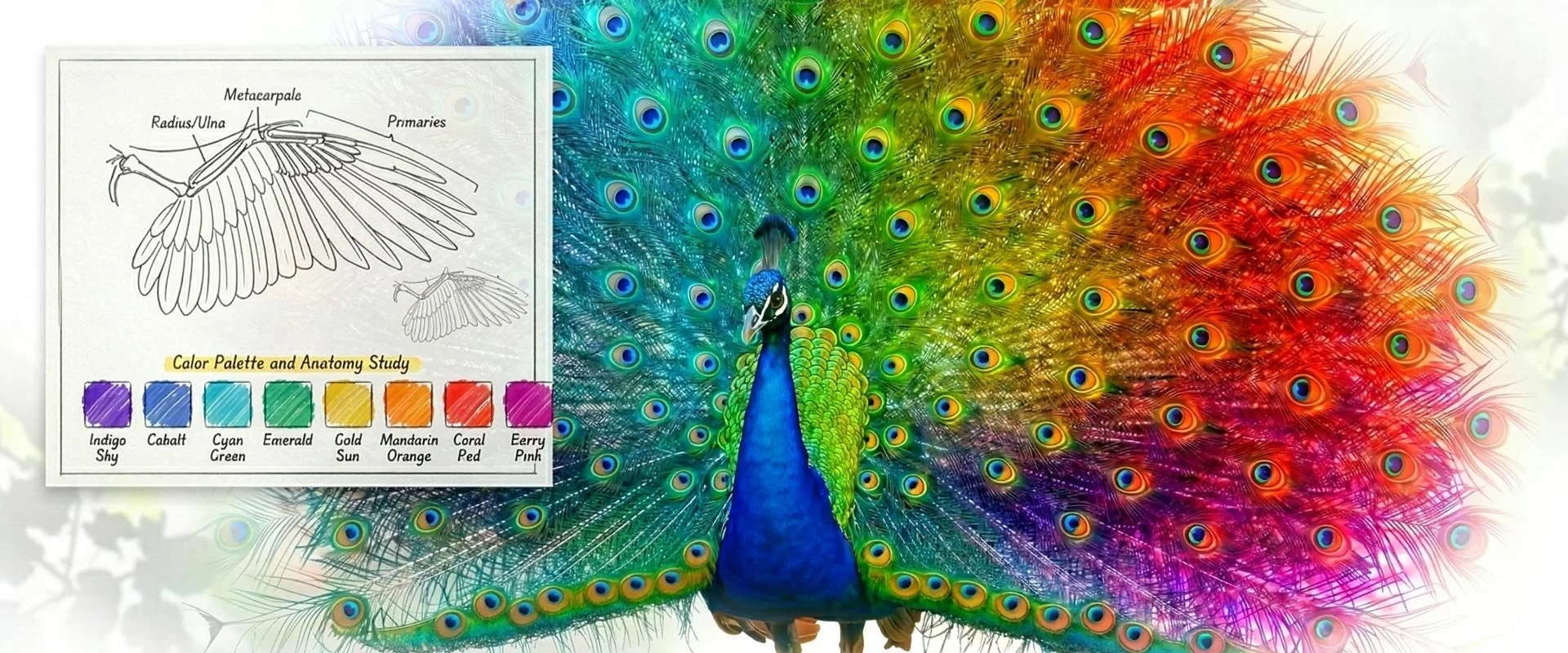 Der prachtvolle Pfau mit gespreiteten bunten Federn, der Regenbogenfarben zeigt, steht vor einem Diagramm des Pfaus in Schwarz-Weiß mit Farbpalette.