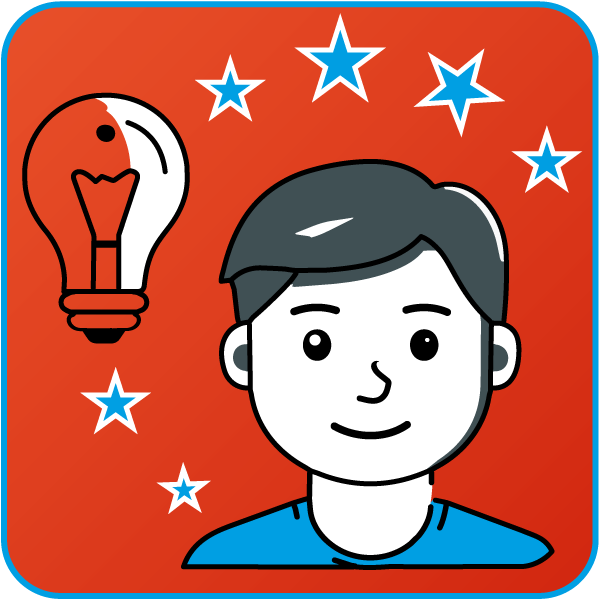 Illustration eines Jungen mit einem leuchtenden Glühbirnensymbol und blauen Sternen auf rotem Hintergrund.