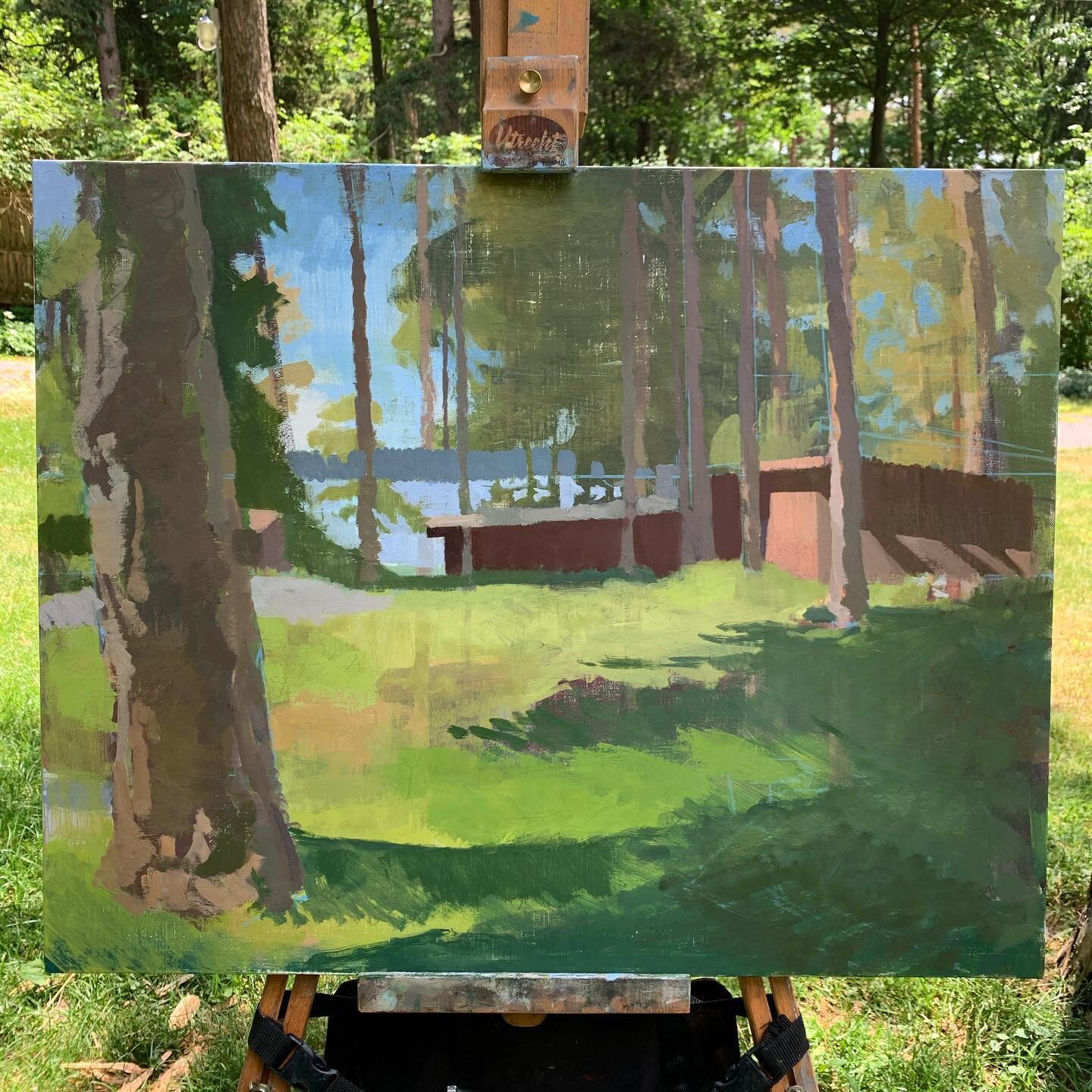 Same painting - third composition change. I think this is the one though....🤞 #pleinairpainting 
#pleinair
#oilpainting 
#perceptualpainting 
#landscape 
#beautifulday 
#space
#color 
#somuchgreen 
#morning 
#aaronmichaelthompson 
#paintlanguage