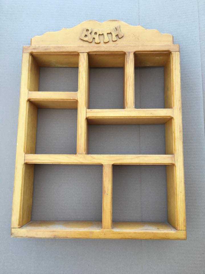 This dusty old "bath" shelf fit the bill with its sturdy construction and great cubby storage for all those cool potions.