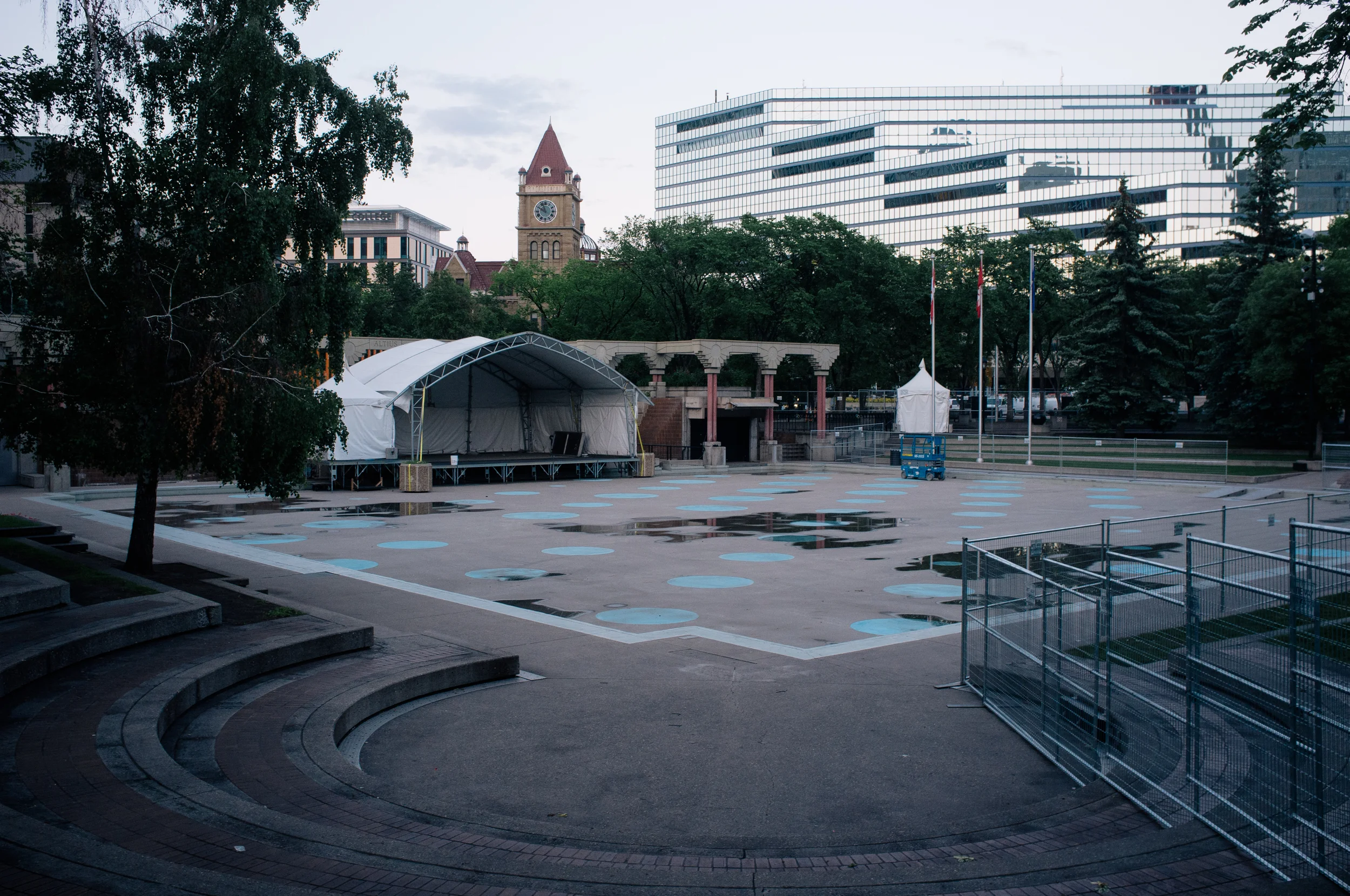 Olympic Plaza, within the downtown evacuation zone, with stage setting for the flood-cancelled Sled Island music festival.