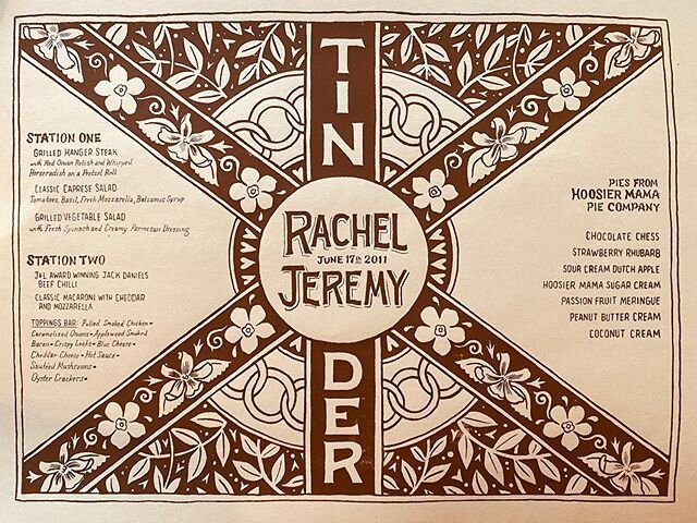 It&rsquo;s our 9th anniversary! Love you @rachelniffenegger  Thanks @calamitymagnet for drawing these placemats for our reception, and @achittychitty for helping me print them oh so long ago.