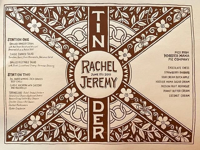 It’s our 9th anniversary! Love you @rachelniffenegger  Thanks @calamitymagnet for drawing these placemats for our reception, and @achittychitty for helping me print them oh so long ago.