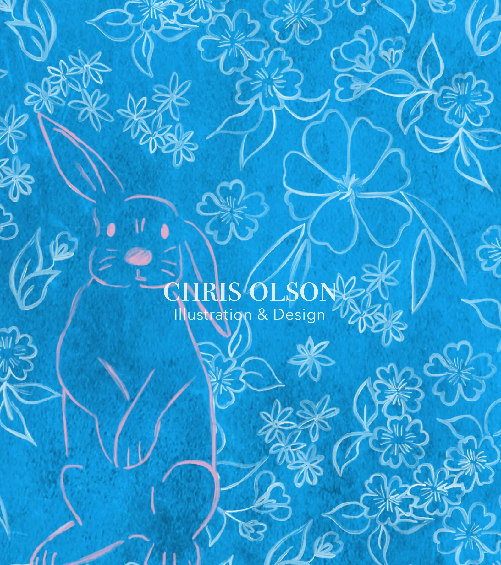 Pink Bunny in a Garden textile design by Chris Olson. Illustration. Rabbits.