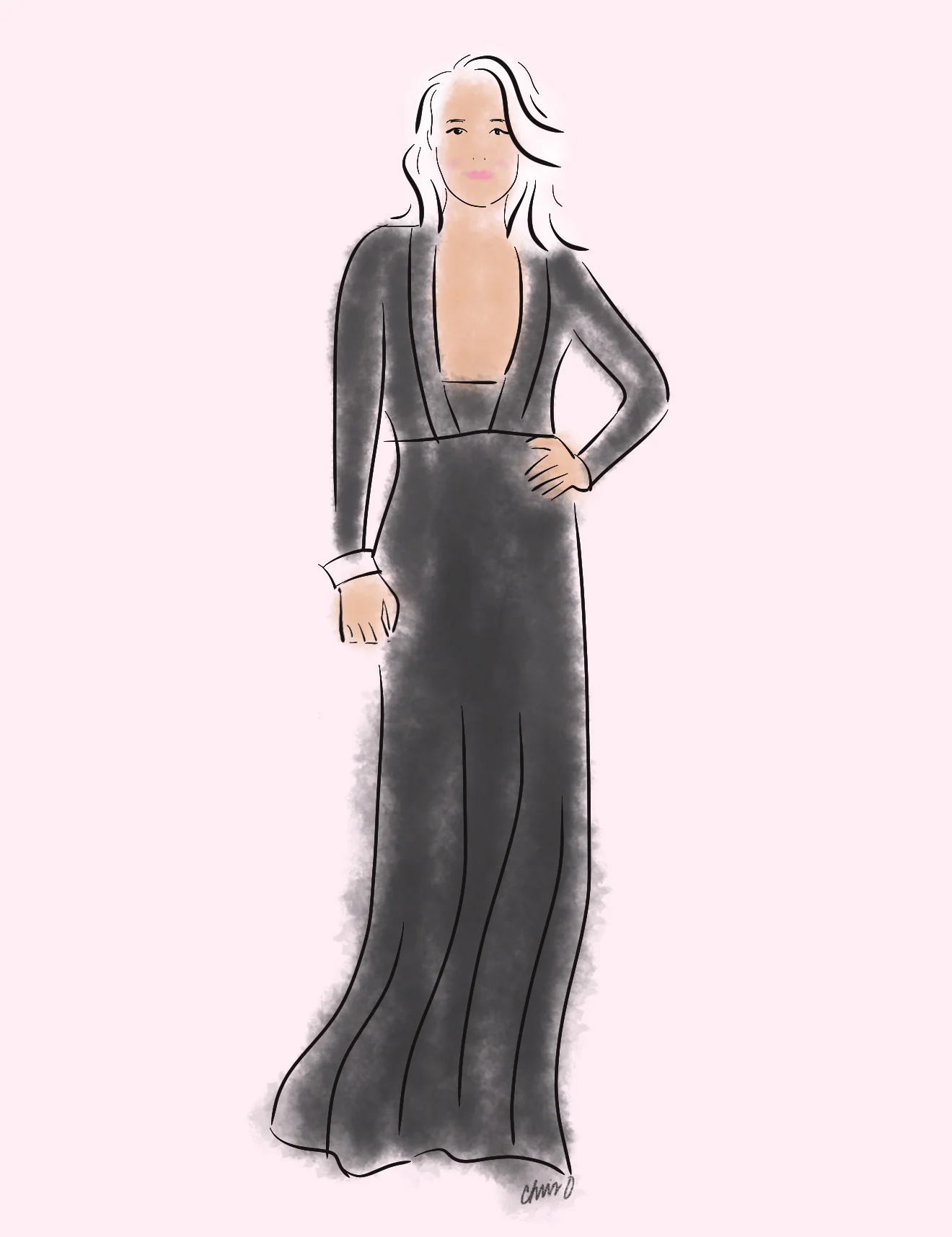 Kristen Bell fashion sketch at Golden Globes by Chris Olson.