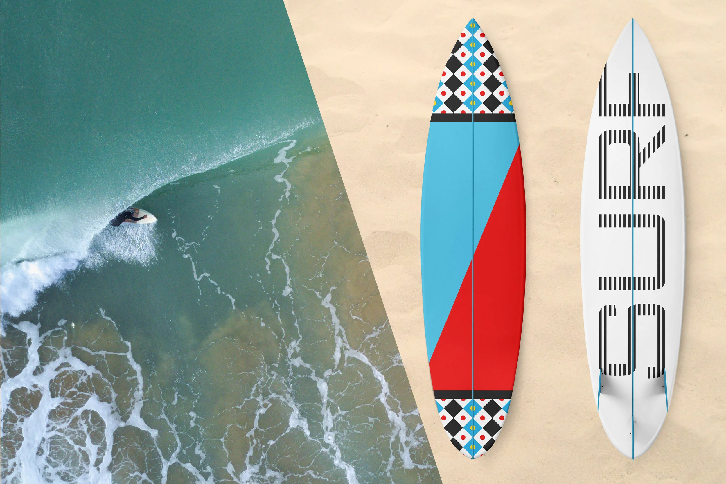 Zen Geo designs by Chris Olson. Surfboard art. Wave photo by Kensuke Saito on Unsplash