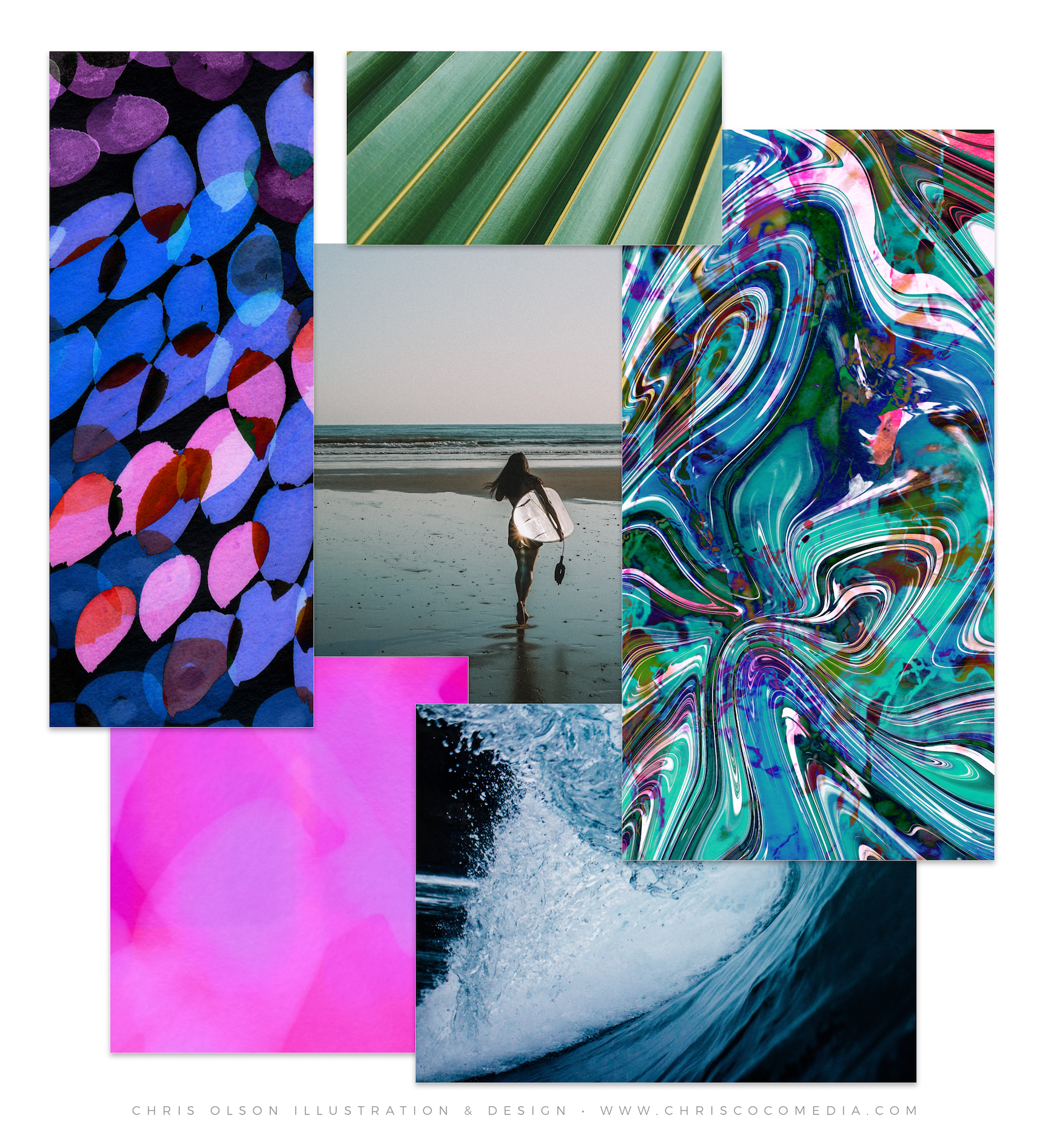 Escape to the water in this new mood board by Chris Olson with tropical-inspired color palette featuring psychedelic prints and a painterly vibe