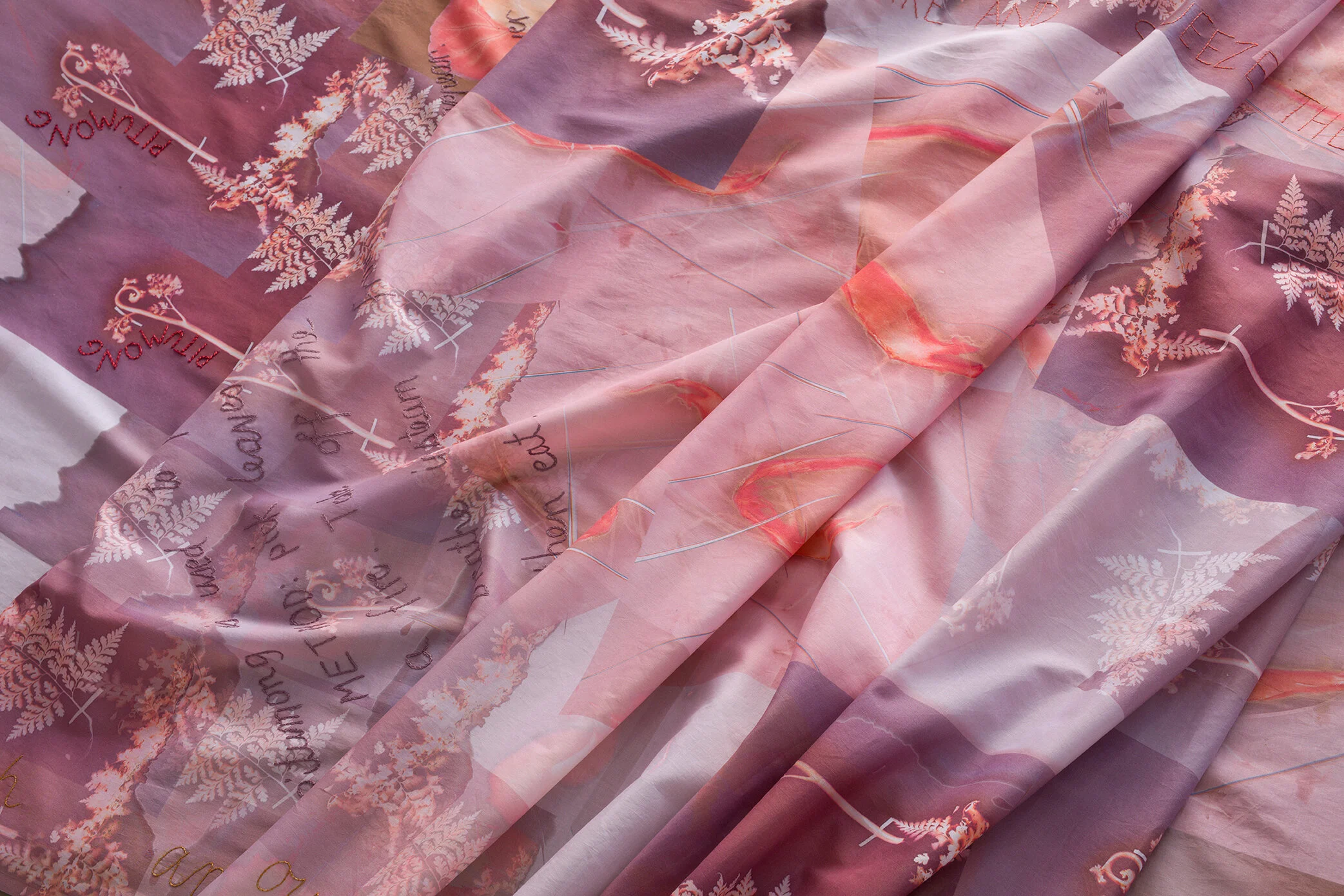   Kukarei inakarei / knowledge continuum , 2018 (detail) digital prints on organic cotton fabric with hand-embroidered thread (image credit: Matthew Stanton)   