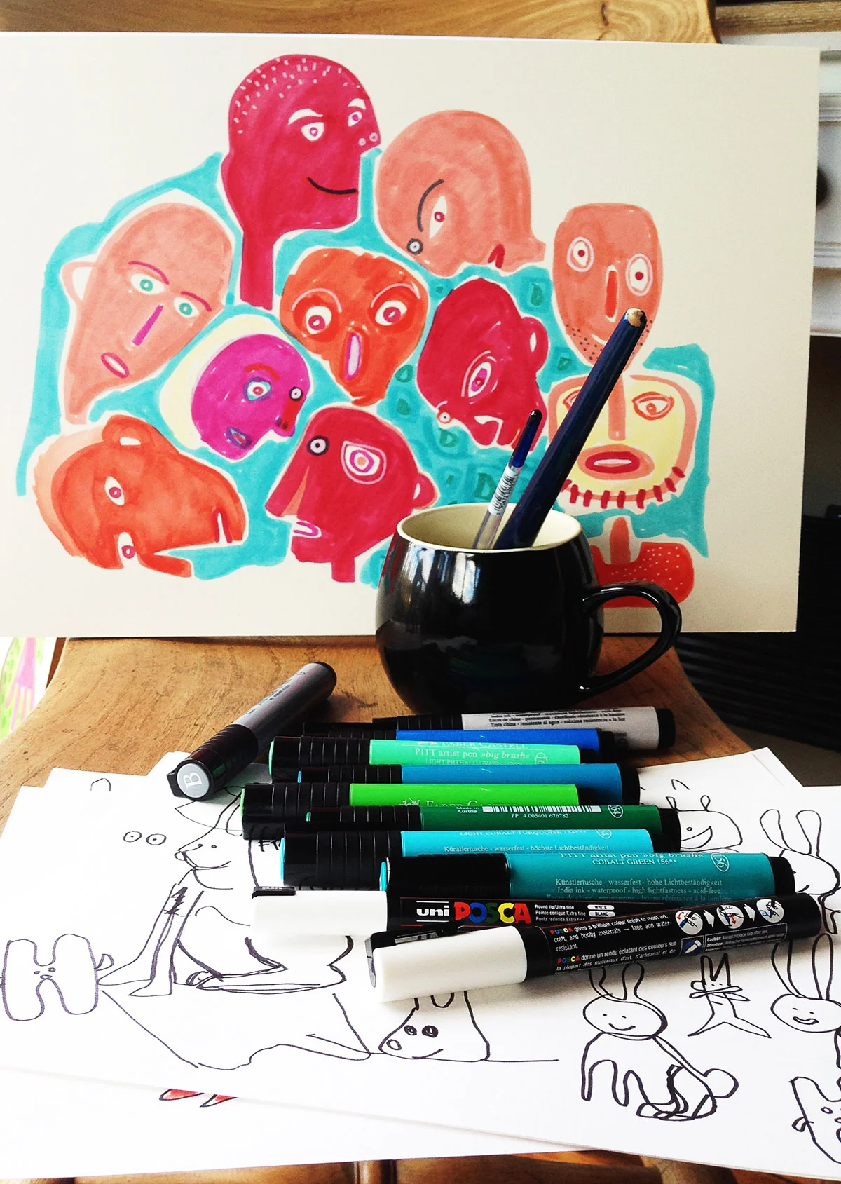 Many Heads - Pitt pens on Fabriano paper