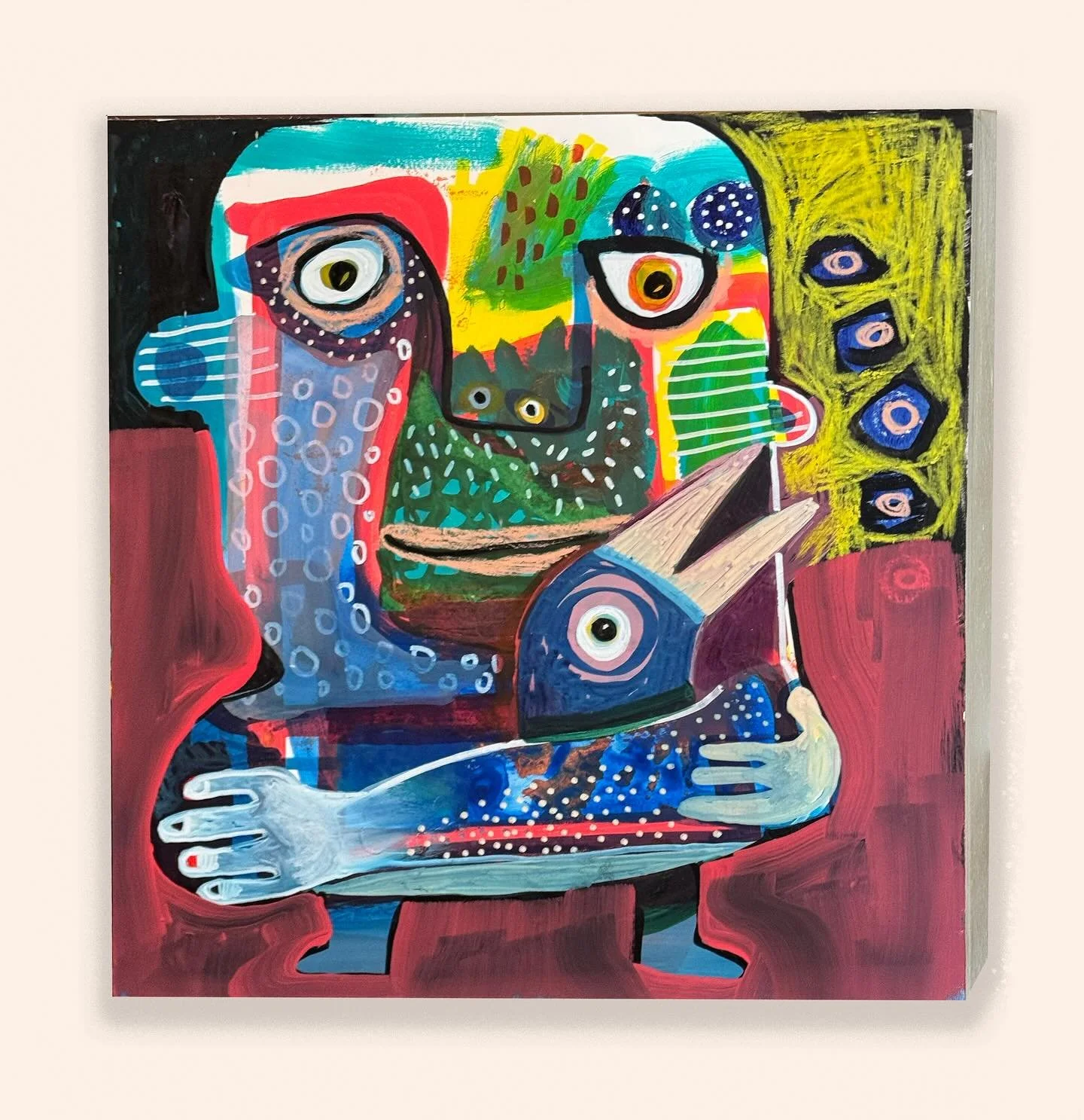 Big Bird Hug - 30cm x 30cm - acrylic, crayon and mixed media on panel - 2025 #painting #drawing #fun