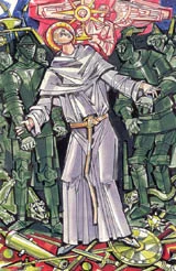 ILLUSTRATION OF SAINT JOHN OF SAHAGÚN BY JÁNOS HAJNAL IN IL FASCINO DI DIO: PROFILI DE AGIOGRAFIA AGOSTINIANA BY FERNANDO ROJO MARTÍNEZ, O.S.A. COPYRIGHT © 2000 PUBBLICAZIONI AGOSTINIANE ROME. USED WITH PERMISSION. ORIGINAL ART PRESERVED IN THE OFFICE OF AUGUSTINIAN POSTULATOR OF CAUSES, ROME