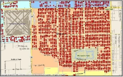 Map of foreclosed homes in the parish neighborhood in 2011. Photo Credit: © 2011 Southwest Organizing Project