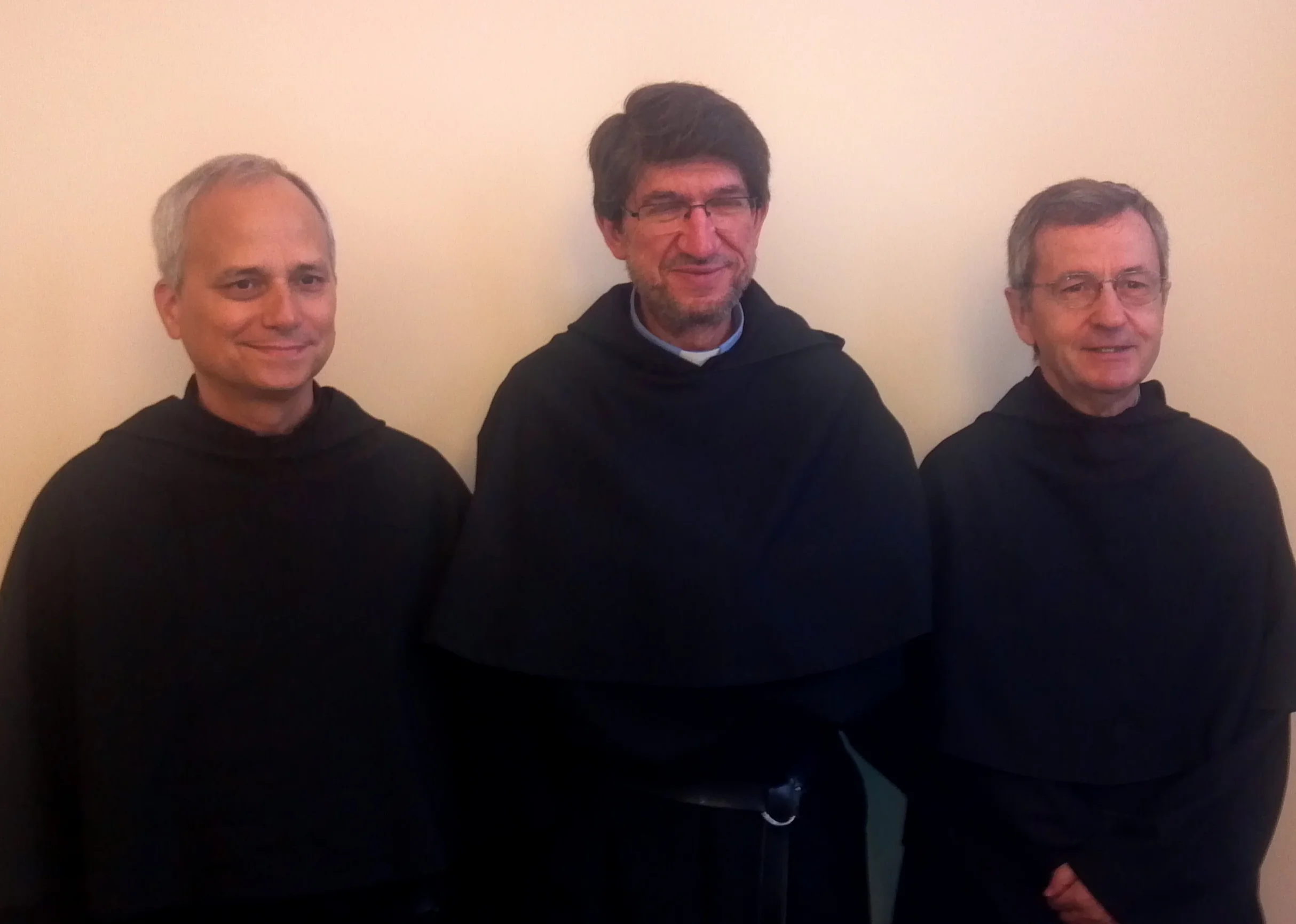 ROME, ITALY (from left) : Rev. Robert F. Prevost, O.S.A., outgoing Prior General; Most Rev. Alejandro Moral, O.S.A., newly elected Prior General; Rev. Miguel Angel Orcasitas, O.S.A., former Prior General