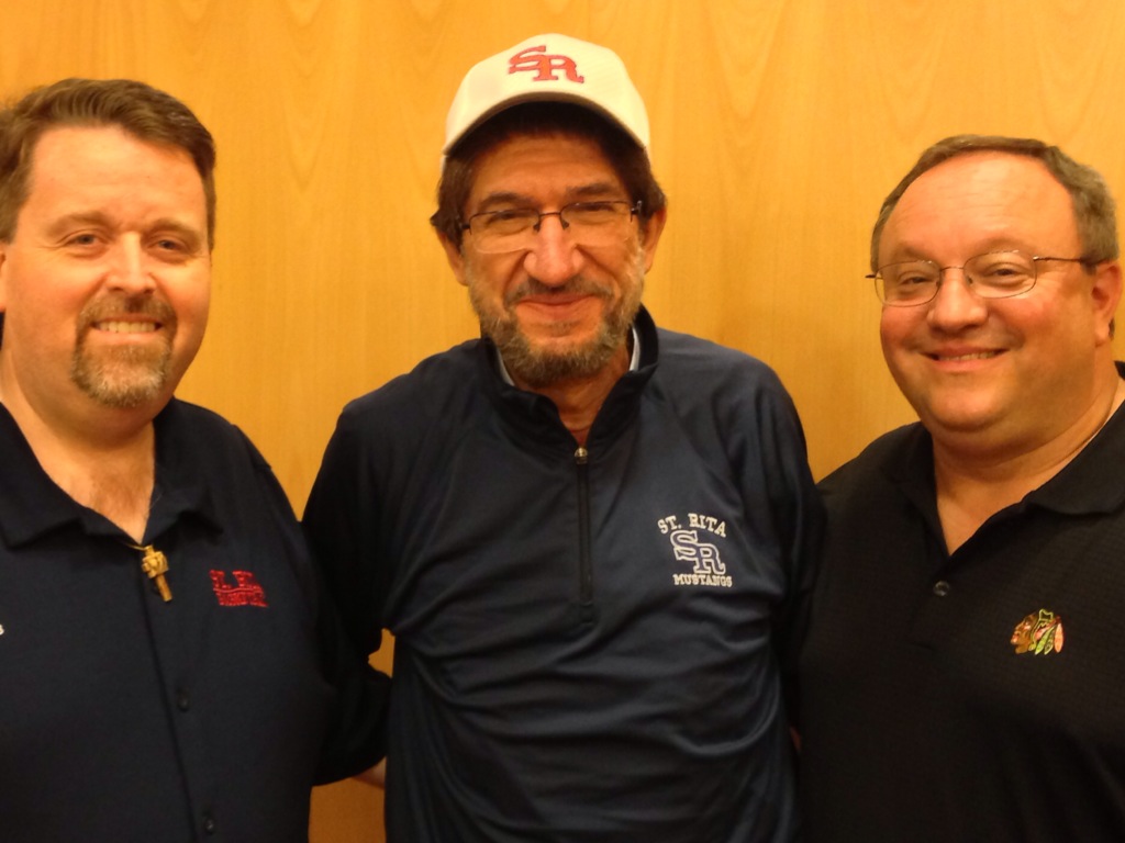 ROME: The Most Rev. Alejandro Moral, O.S.A. (center), Newly elected Prior General, was presented by Fr. Tom McCarthy, O.S.A. (left) and the Very Rev. Bernard C. Scianna, O.S.A., Ph.D. (right) with St. Rita High School apparel at the conclusion of the 2013 Augustinian General Chapter