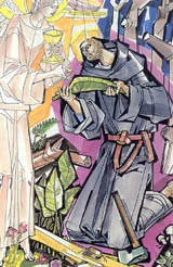 ILLUSTRATION OF BLESSED FREDERICK OF REGENSBURG BY JÁNOS HAJNAL IN IL FASCINO DI DIO: PROFILI DE AGIOGRAFIA AGOSTINIANA BY FERNANDO ROJO MARTÍNEZ, O.S.A. COPYRIGHT © 2000 PUBBLICAZIONI AGOSTINIANE ROME. USED WITH PERMISSION. ORIGINAL ART PRESERVED IN THE OFFICE OF AUGUSTINIAN POSTULATOR OF CAUSES, ROME