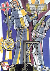 ILLUSTRATION OF ST. JOHN STONE BY JÁNOS HAJNAL IN IL FASCINO DI DIO: PROFILI DE AGIOGRAFIA AGOSTINIANA BY FERNANDO ROJO MARTÍNEZ, O.S.A. COPYRIGHT © 2000 PUBBLICAZIONI AGOSTINIANE ROME. USED WITH PERMISSION. ORIGINAL ART PRESERVED IN THE OFFICE OF AUGUSTINIAN POSTULATOR OF CAUSES, ROME