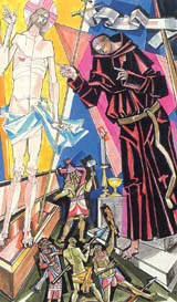 ILLUSTRATION OF JAMES ORTIZ BY JÁNOS HAJNAL IN IL FASCINO DI DIO: PROFILI DE AGIOGRAFIA AGOSTINIANA BY FERNANDO ROJO MARTÍNEZ, O.S.A. COPYRIGHT © 2000 PUBBLICAZIONI AGOSTINIANE ROME. USED WITH PERMISSION. ORIGINAL ART PRESERVED IN THE OFFICE OF AUGUSTINIAN POSTULATOR OF CAUSES, ROME