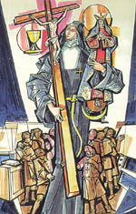 ILLUSTRATION OF TERESA SPINELLI BY JÁNOS HAJNAL IN IL FASCINO DI DIO: PROFILI DE AGIOGRAFIA AGOSTINIANA BY FERNANDO ROJO MARTÍNEZ, O.S.A. COPYRIGHT © 2000 PUBBLICAZIONI AGOSTINIANE ROME. USED WITH PERMISSION. ORIGINAL ART PRESERVED IN THE OFFICE OF AUGUSTINIAN POSTULATOR OF CAUSES, ROME
