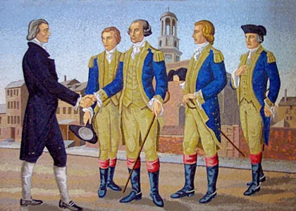 Fr. Matthew Carr, O.S.A., one of the first Augustinians to serve in the United States is seen here receiving a $100 donation from George Washington