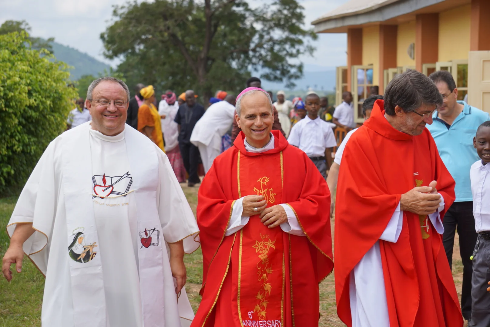 Fr. Bernie Scianna, O.S.A. (Left); Bishop Robert Prevost, O.S.A. (center); and Fr. Alejandro Moral Antón, O.S.A.; at the 2016 Augustinian Mid-Chapter in Abuja, Nigeria