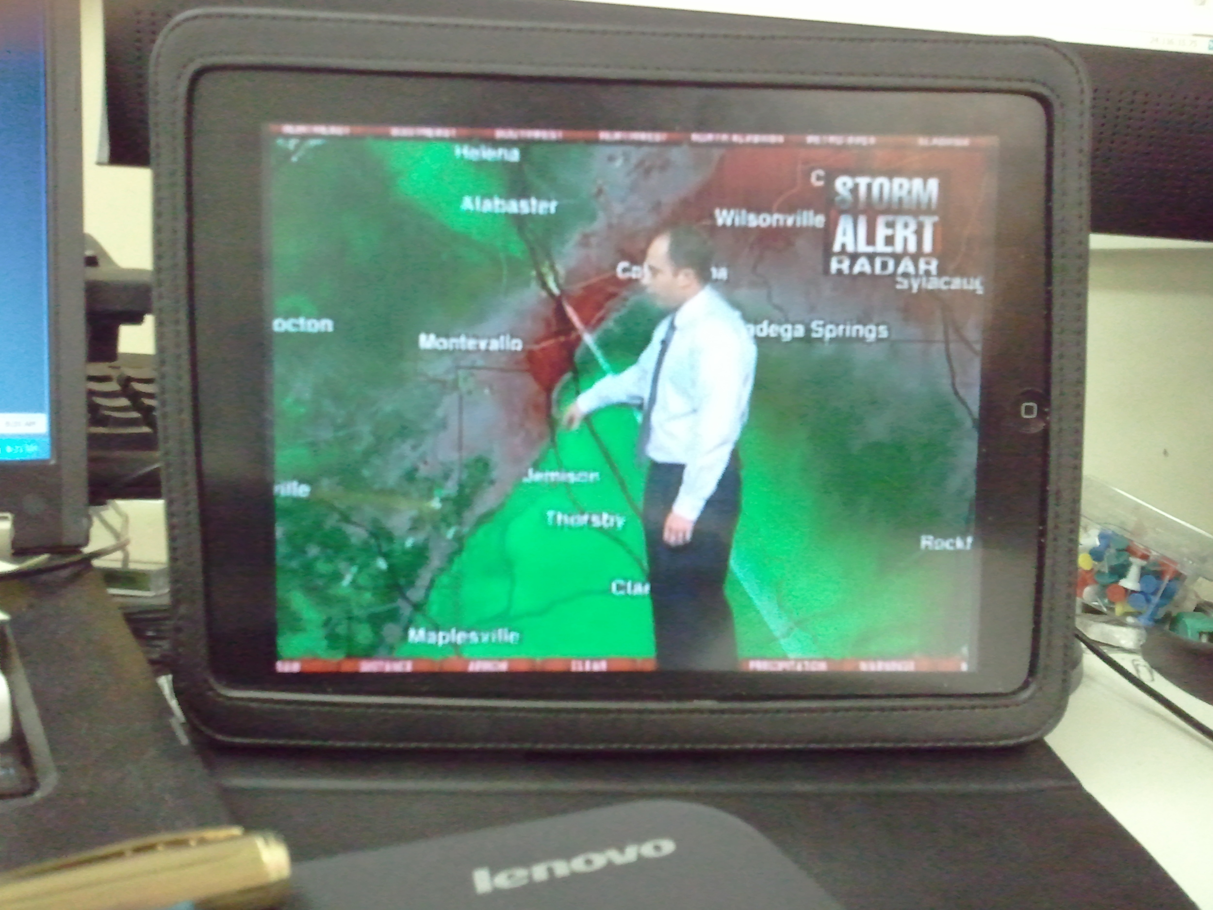 
My local ABC affiliate does a PHENOMENAL job of covering severe weather. This is a picture of the live radar/weather coverage that they simulcast to uStream.com - makes great for office viewing on my iPad.