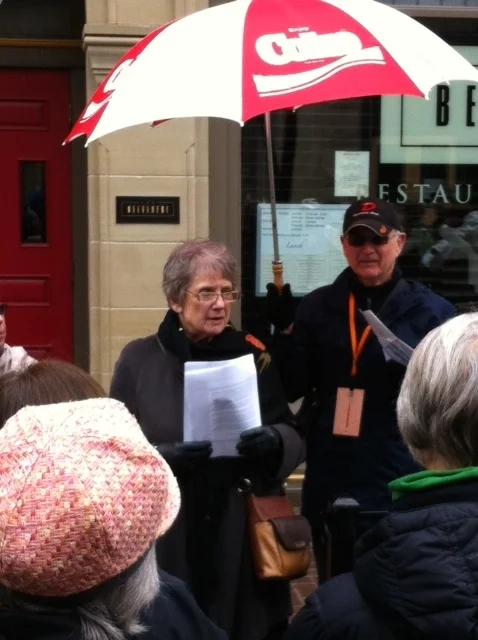 Author and CNFC co-founder Myrna Kostash holds forth on Laura Salverson, the novelist and award-winning memoirist who rented a studio in the Lougheed Block (now the Belvedere Restaurant) in the 1930s. Photo: Ben Gibbard