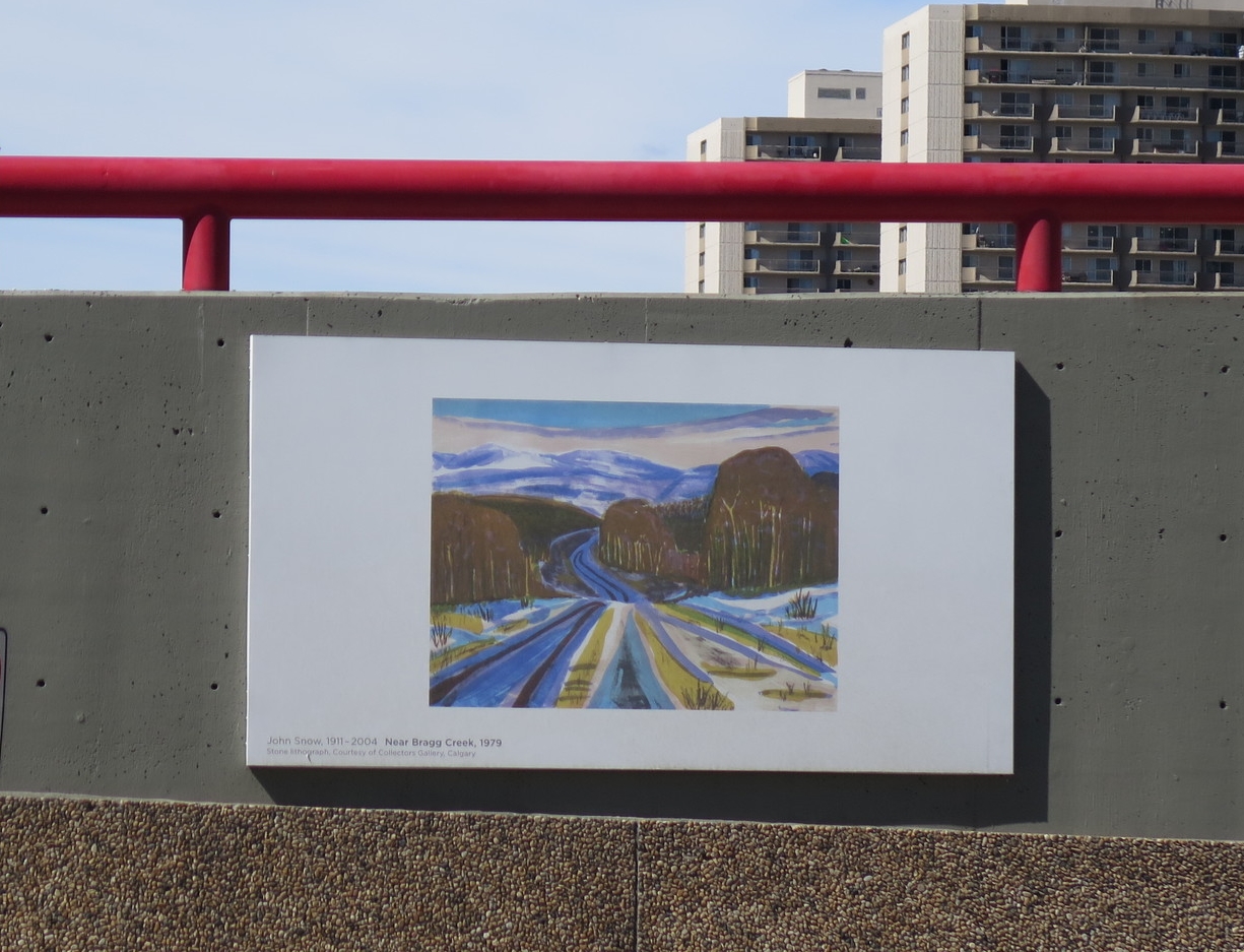 On the 5th Street underpass: John Snow's "Near Bragg Creek." Snow's house in Lower Mt. Royal (915-18th Ave SW) is part of Calgary's literary history. Several U of C writers-in-residence have lived at the Snow House, including Timothy Findley, Michael Ondaatje and Alberta's own, Robert Kroetsch (1927-2011).