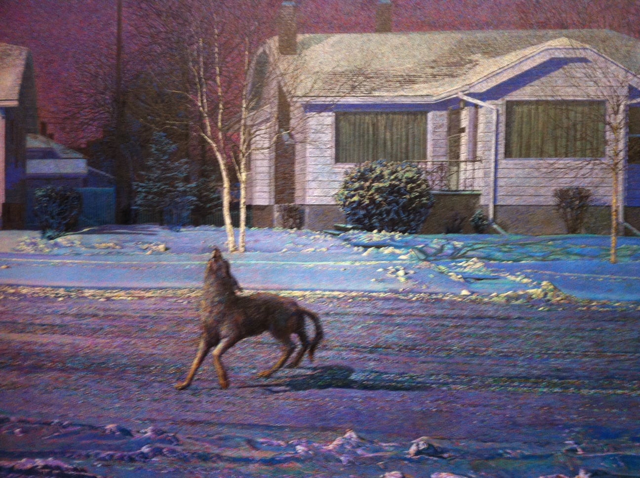 Detail from "Qol/Voice, 1987," by Calgary artist John Brocke (1953-2009). The painting depicts a street in Crescent Heights. 