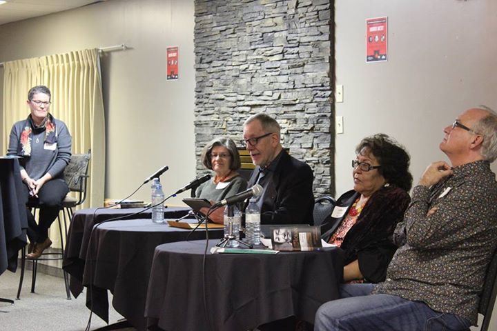 Chatting fireside with Sharon Butala, Brian Brennan, Ruth Scalp Lock and her co-wrier, Jim Pritchard (Photo: Marda Loop Community Association)