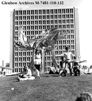Students performing in front of the George Norris sculpture (known on campus as The Prairie Chicken) at the University of Calgary in 1977. (Photo: Glenbow Museum)