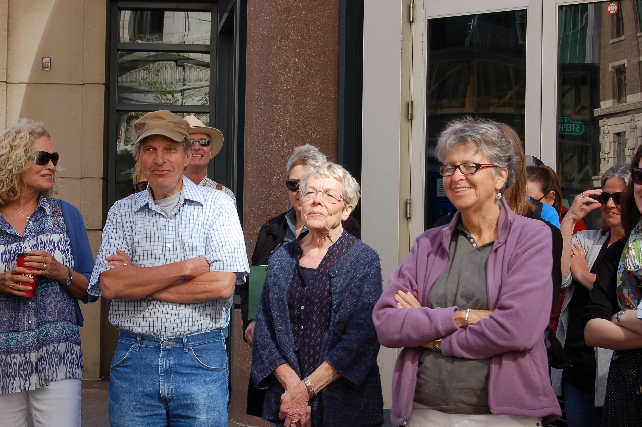 Across from the Devonian Gardens: connecting the dots between Barry Callaghan, John Ballem, and Calgary-born novelist Norman Ravvin. Ravvin's novel, Café des Westens evokes two long-ago demolished city landmarks nearby: the Wales Hotel and the Robin Hood Flour Mill. Calgary author Cecelia Frey (centre) reviewed Ravvin's novel for the Herald in 1991. (Photo: Yanmei Fei)