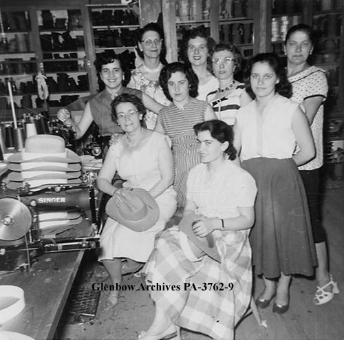 Employees at Smithbilt Hats in circa 1958 at its factory on 1208-1st Street SW. The site is now marked by a historical plaque at Hotel Arts. In 1946, Smithbilt produced its first white cowboy hat for city oilman Bill Herron. Two years later, it supplied Calgary's delegation with white hats to wear during Grey Cup festivities in Toronto, and a tradition was born. (Photo: Glenbow Archives)
