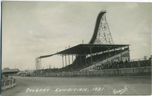 A ski jump on the roof of the old grandstand: part of a scheme to hold a mid-winter exhibition at the Stampede grounds. Weather interfered. A Chinook forced organizers to cart in snow from Lake Louise, and a snowstorm on the day of competition meant smaller than predicted crowds. The debt took a decade to write off. (Photo: Calgary Public Library )