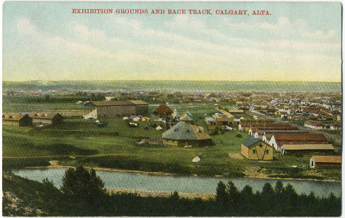 An early view of Calgary's exhibition grounds and race track, later home to the Calgary Stampede. Victoria Park is to the right, and the Elbow River is in the foreground. The Stampede Grill in Roberta Rees's story collection was located on 2nd Street East (aka MacLeod Trail), across the street from the entrance to the Stampede. (Photo: Calgary Public Library Postcards from the Past )