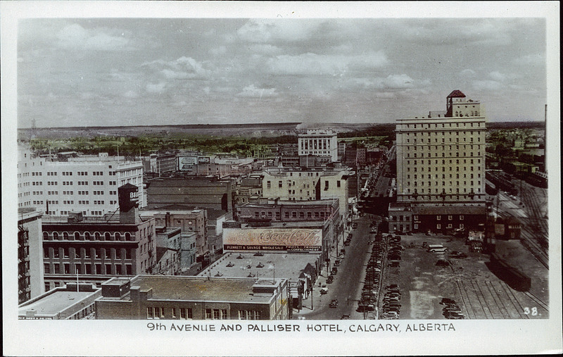 Calgary's iconic Palliser Hotel makes a cameo appearance in Katherine Govier's latest novel. This view from the 1940s looks east down Ninth Avenue with the hotel on the right. (Photo: University of Alberta Peel Collection, Prairie Postcards )