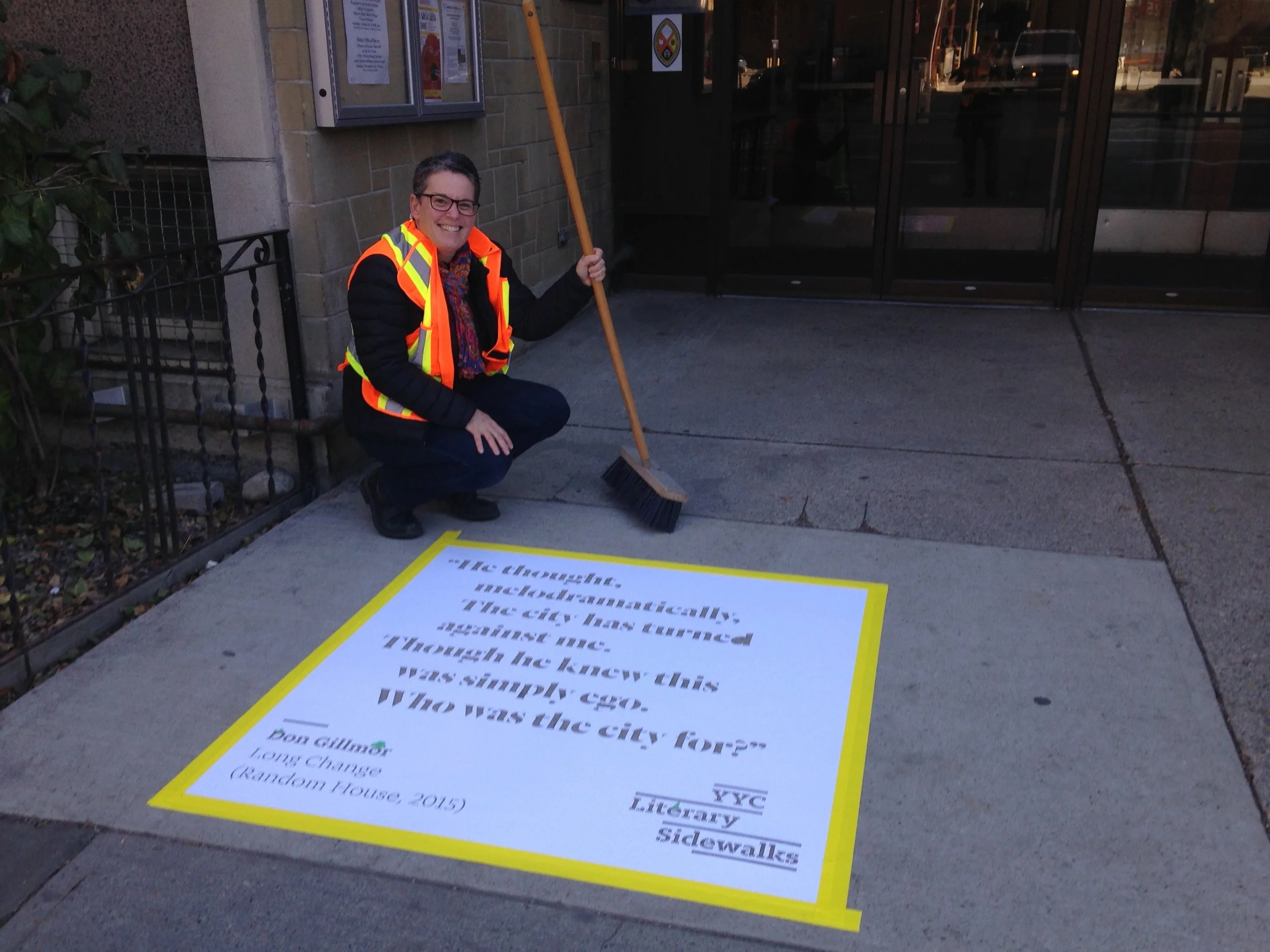 At the Fourth Street entrance to Knox United Church: a passage from Don Gillmor's 2015 novel Long Change . (Note: safety vests are required when handling literary works.)