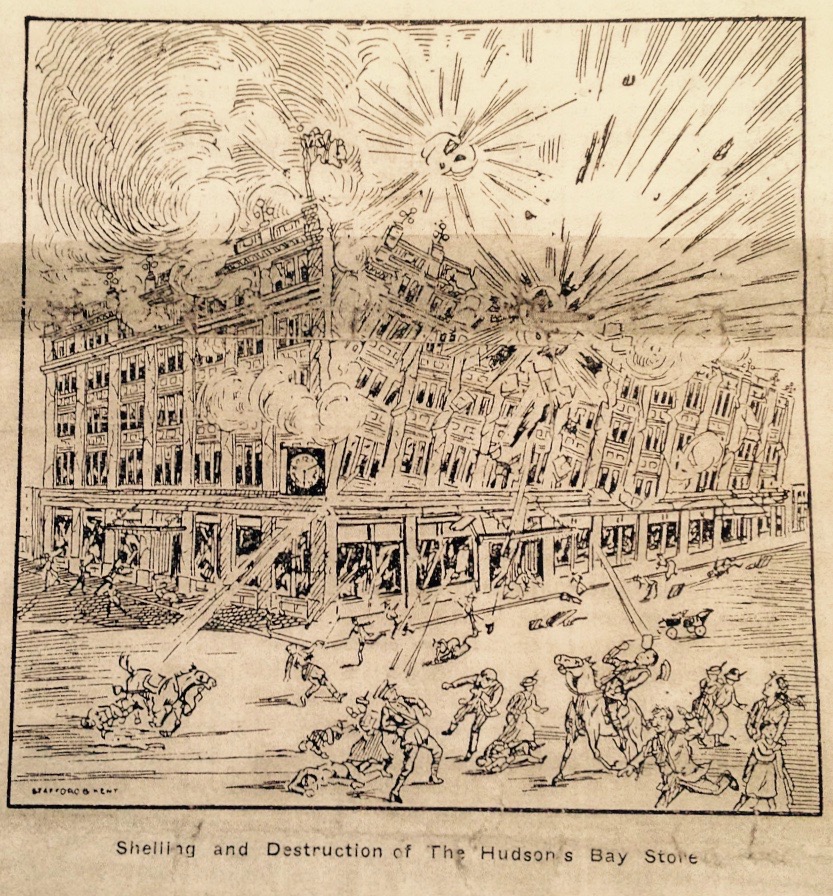 Say goodbye to the Venetian arcade. The cover illustration of H. Nelson Dickson's pamphlet illustrates the fictional destruction of the Hudson's Bay store depicted in his story. (Source: Glenbow Library)